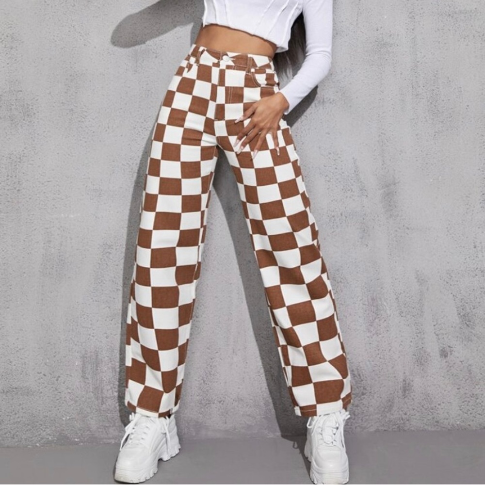 EUC SHEIN brown/white checkered pants Sz L fits Sz 8/10 Retail value is $56!